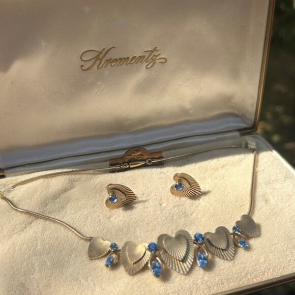 KREMENTZ 14K Rolled Gold Overlay Heart Blue Rhinestone Necklace Earrings SET - Picture 1 of 13
